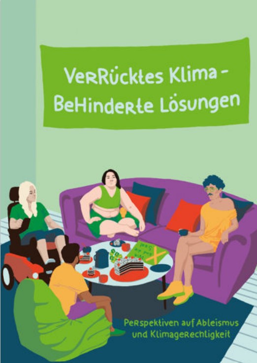 Illustration: Diskussion über Klima und Behinderung im Wohnzimmer.