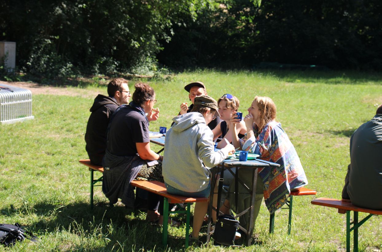Gruppe isst draußen auf der Wiese