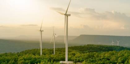 Windräder in grüner Landschaft bei Sonnenschein.