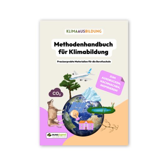 Klimabildung Handbuch Cover mit Erde und Symbolen.