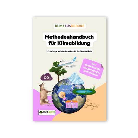 Klimabildung Handbuch Cover mit Erde und Symbolen.