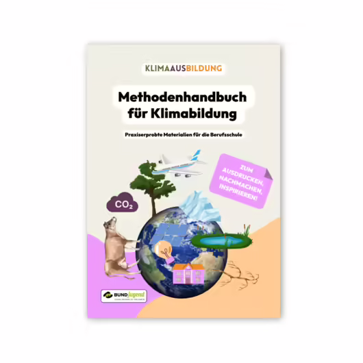 Klimabildung Handbuch Cover mit Erde und Symbolen.