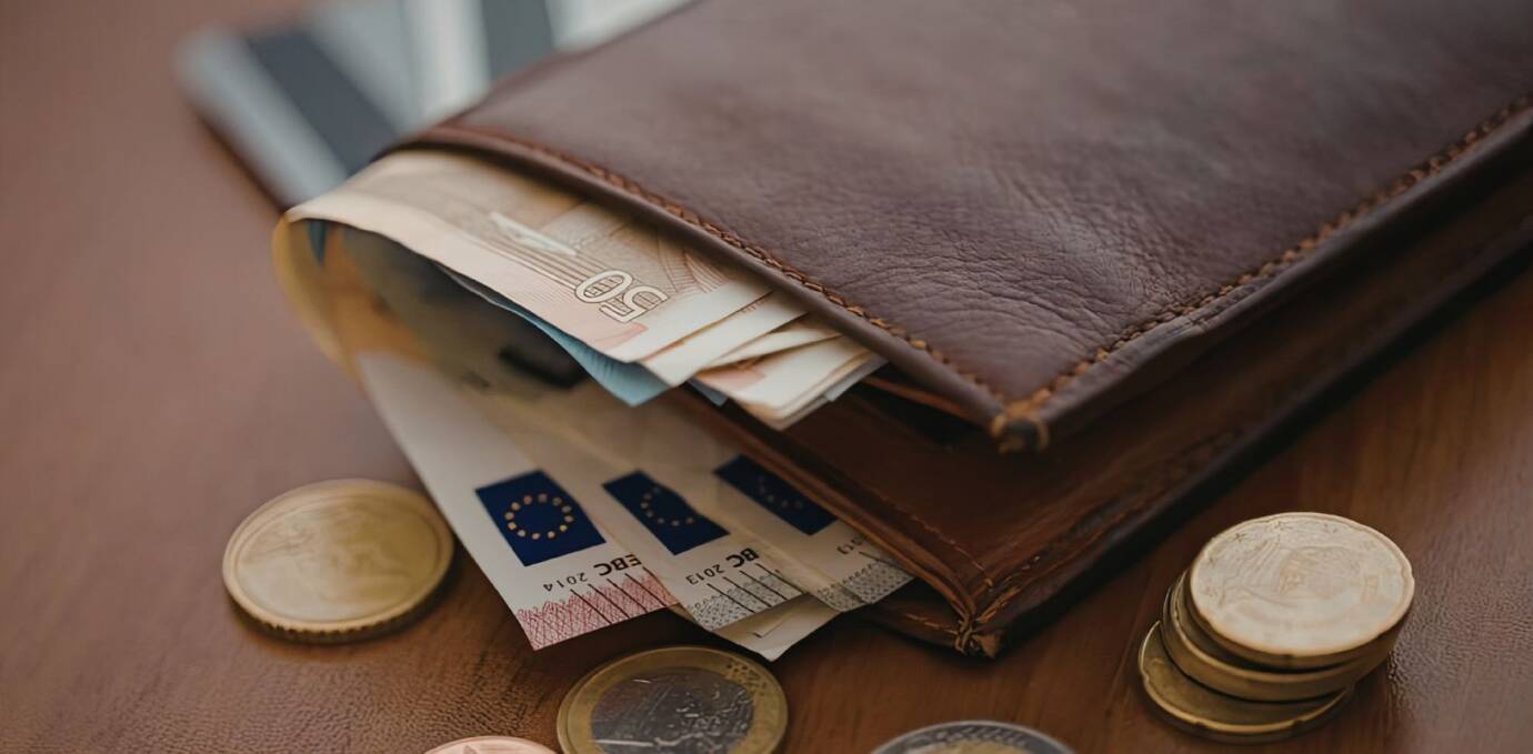 Geldbörse mit Euro-Scheinen und Münzen